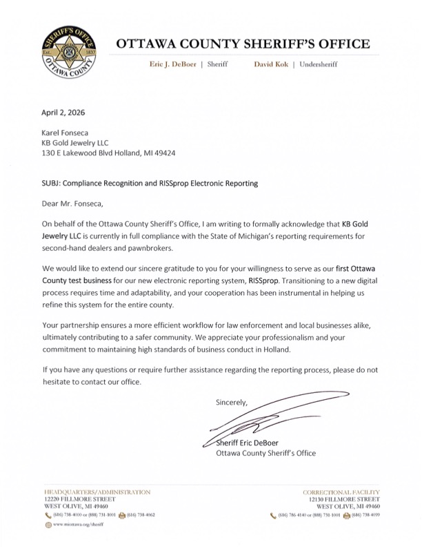 Official compliance recognition letter from Ottawa County Sheriff's Office